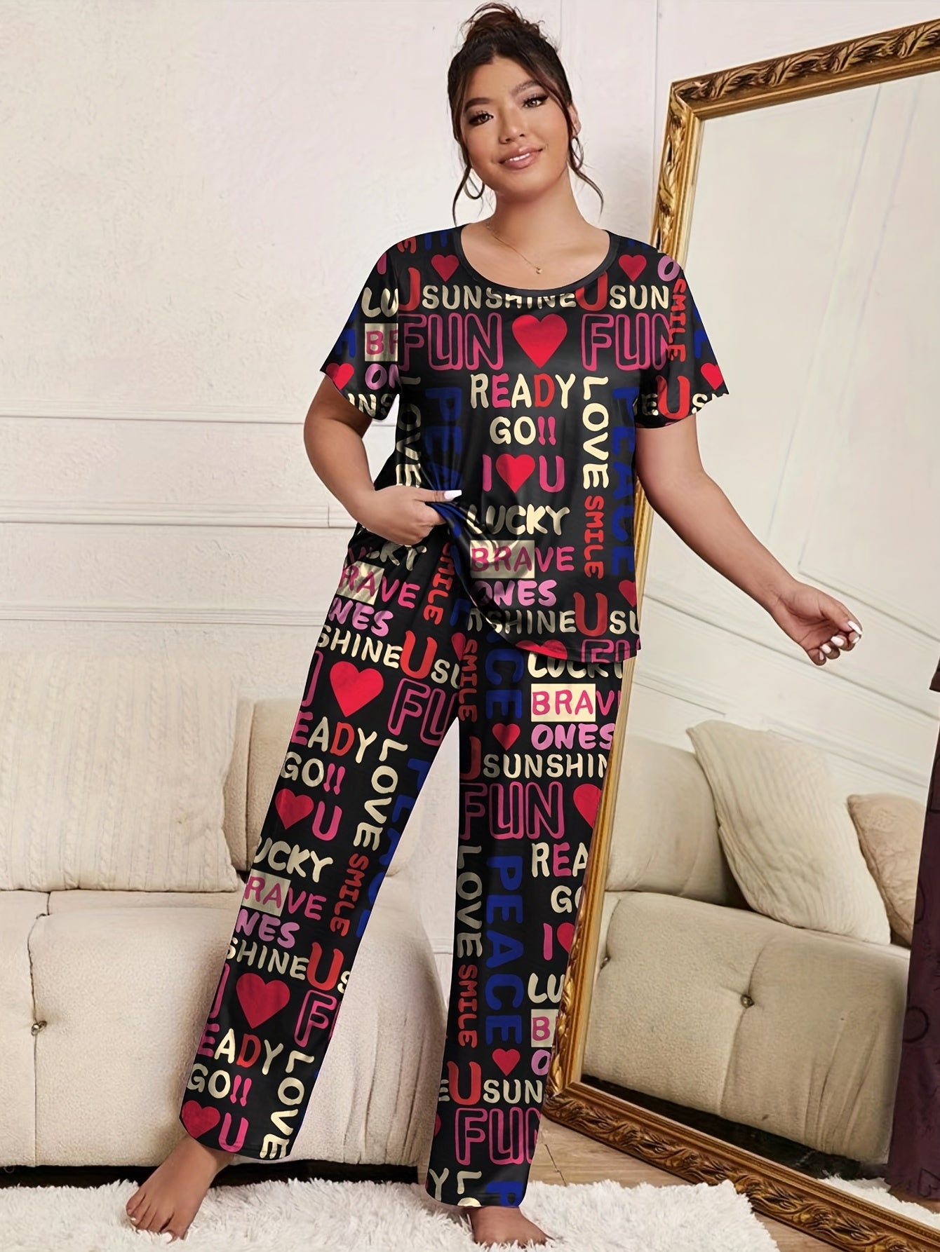 Heart & Letter Print Pajama Set Short Sleeve T-shirt & Pants