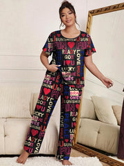 Heart & Letter Print Pajama Set Short Sleeve T-shirt & Pants