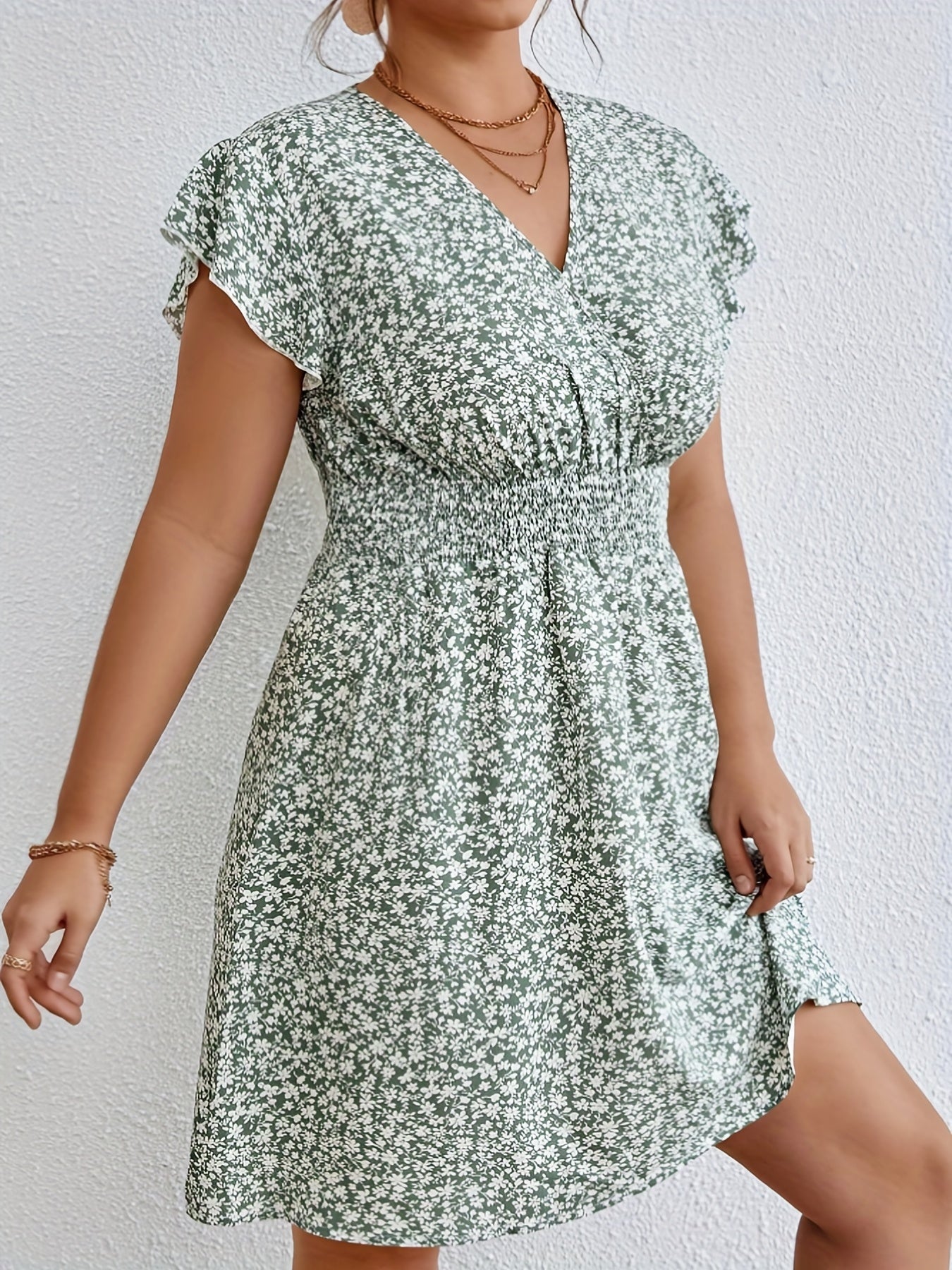 Women's Plus Ditsy Print Ruffle Sleeve Surplice Neck Dress