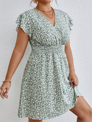 Women's Plus Ditsy Print Ruffle Sleeve Surplice Neck Dress