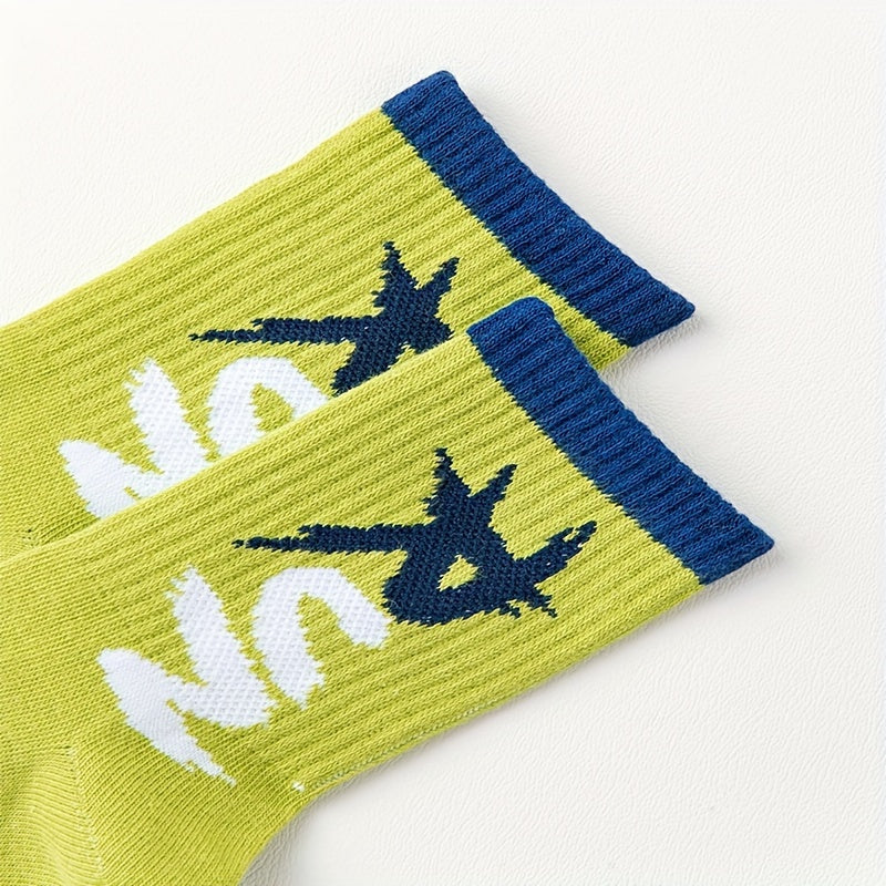 5 Pairs Boys Letter Pattern Crew Socks Cotton Blend Casual Style