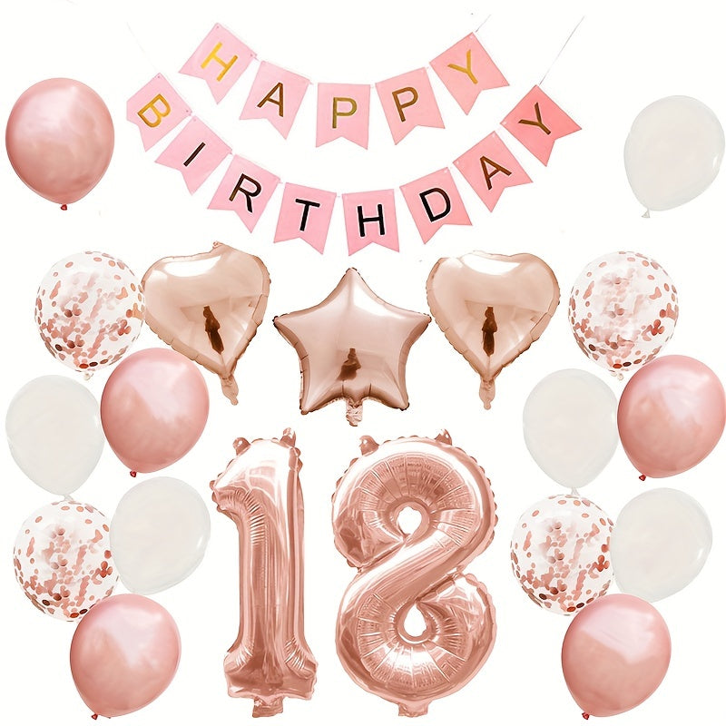 Rose Golden Birthday Balloons Set with Pull Flag
