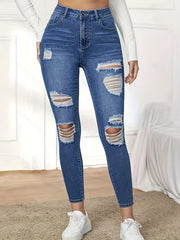 High Waist Skinny Jeans Solid Distressed Denim Pants