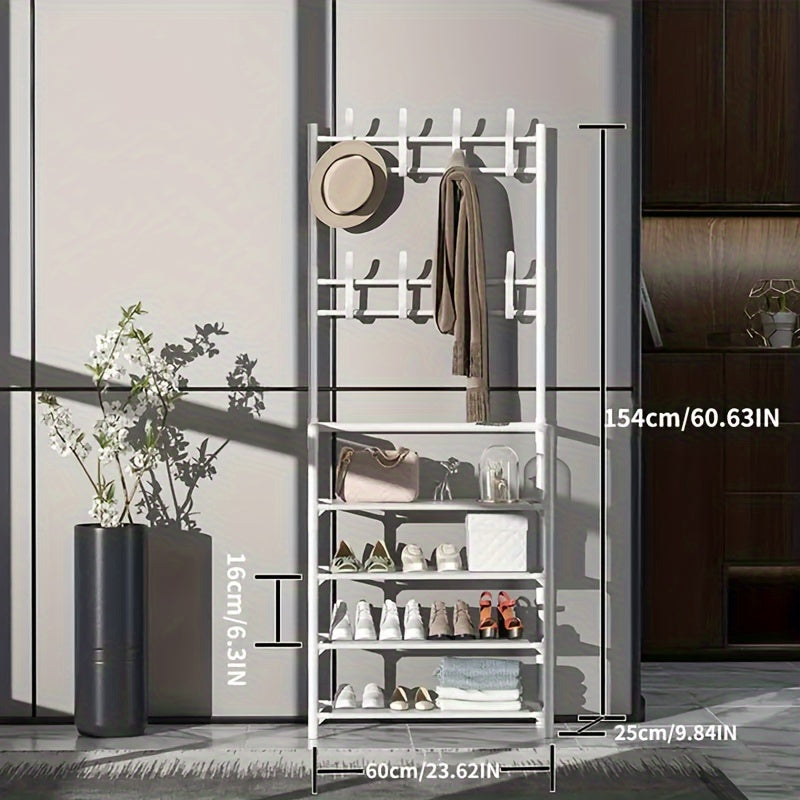 Shoe Rack Coat Rack with Storage Shelves & Hooks
