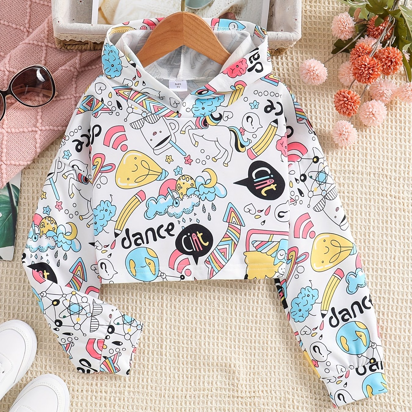 Girls Cartoon Print Long Sleeve Crop Hoodie Sweatshirt