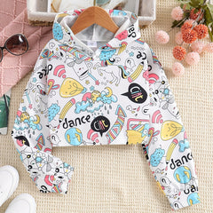 Girls Cartoon Print Long Sleeve Crop Hoodie Sweatshirt