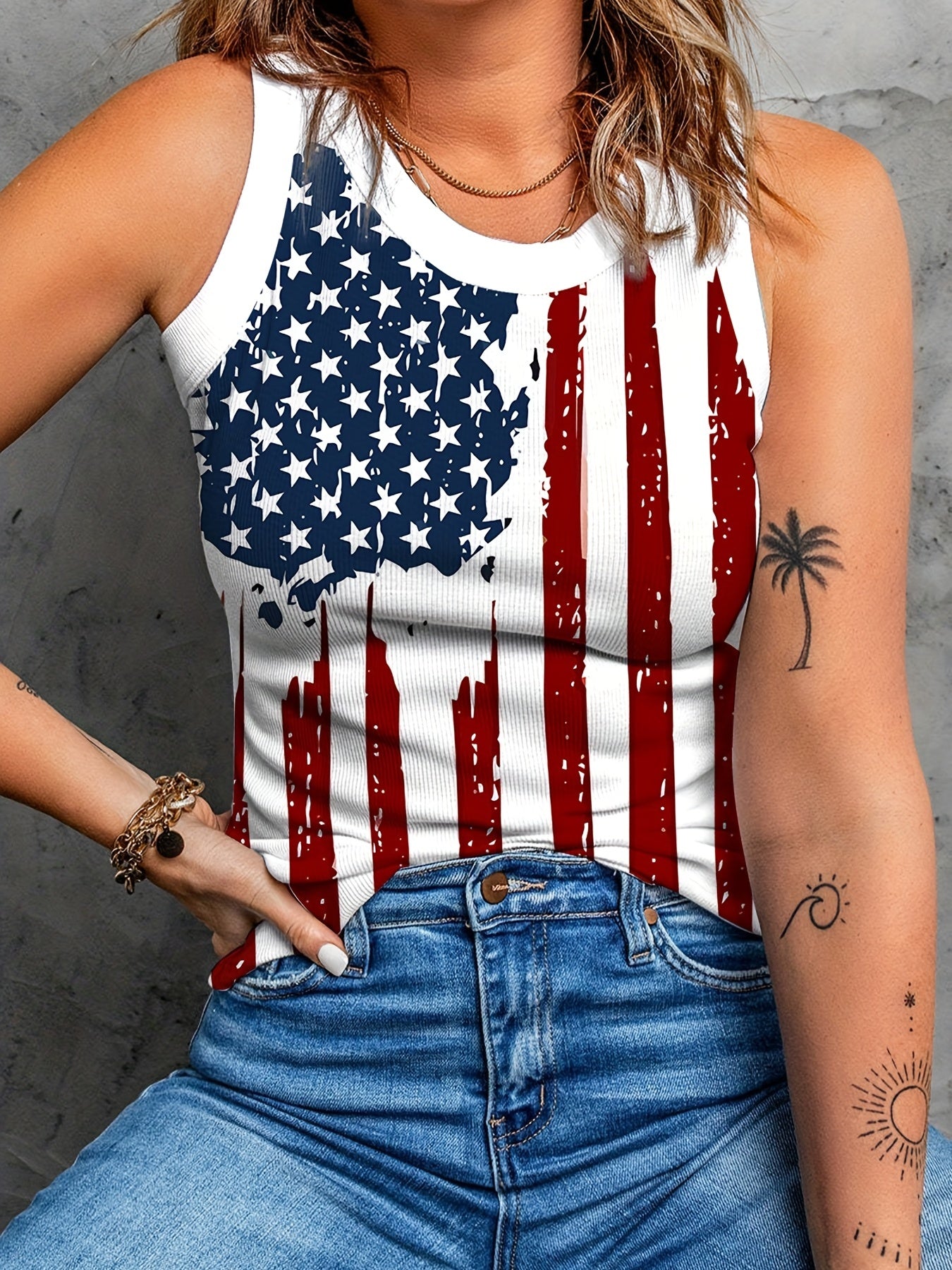 American Flag Print Tank Top Casual Contrast Trim Crew Neck Tank Top