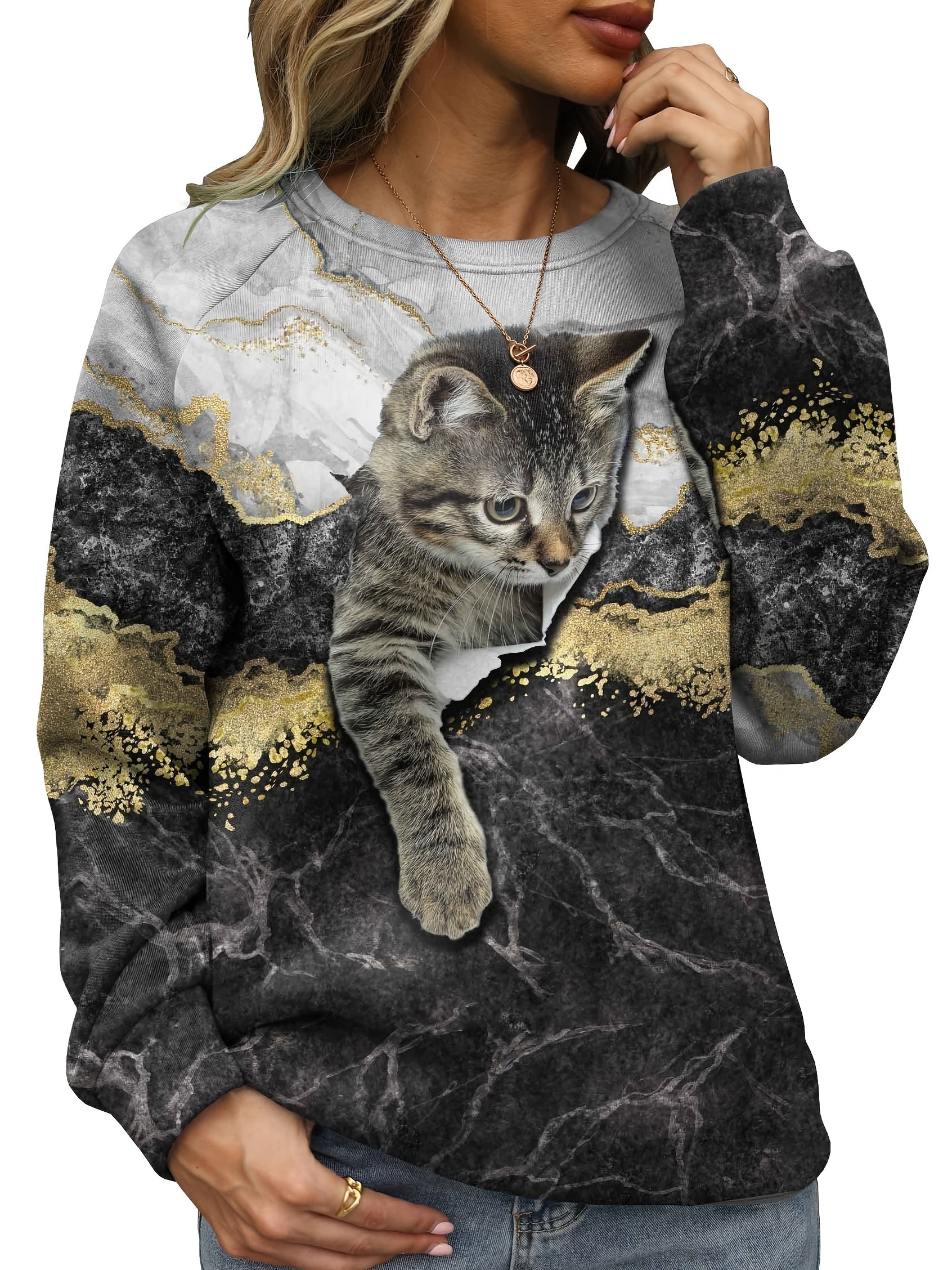 Cat Print Pullover Sweatshirt Crew Neck Casual Long Sleeve for Fall & Winter