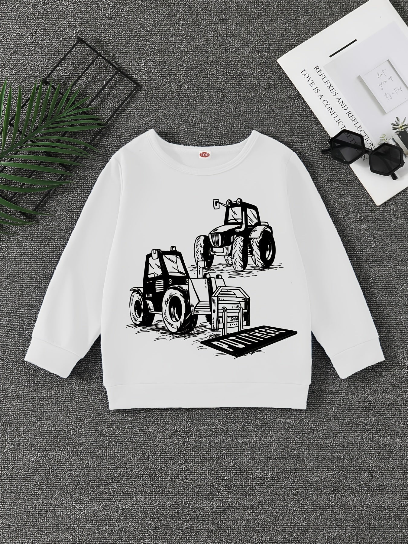 Excavator Print Boys Casual Pullover Sweatshirt Long Sleeve Crew Neck Tops