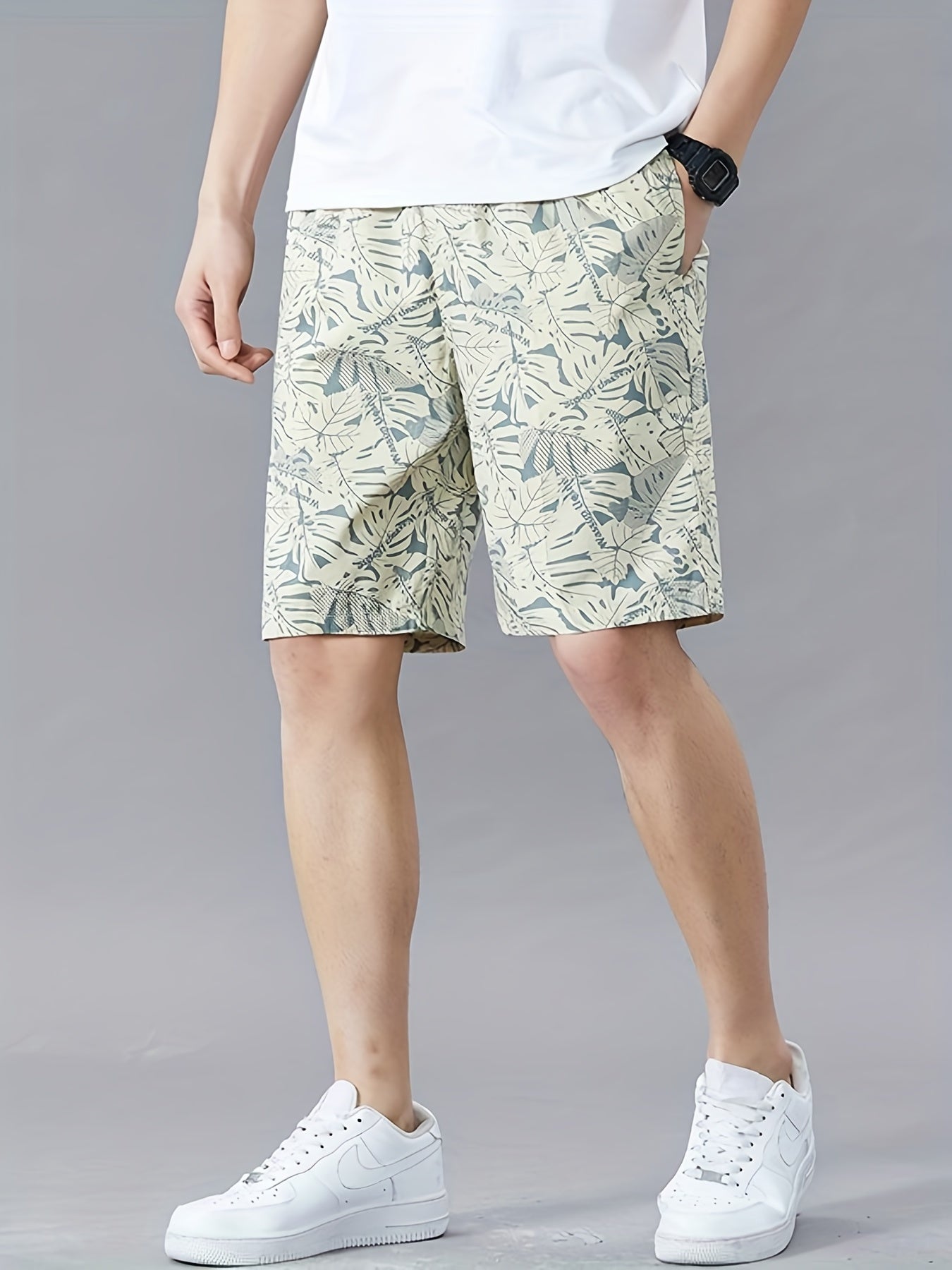 Men's Cotton Leaf Pattern Drawstring Shorts