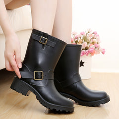Women's Chunky Heel Rain Boots Waterproof Mid Calf Booties