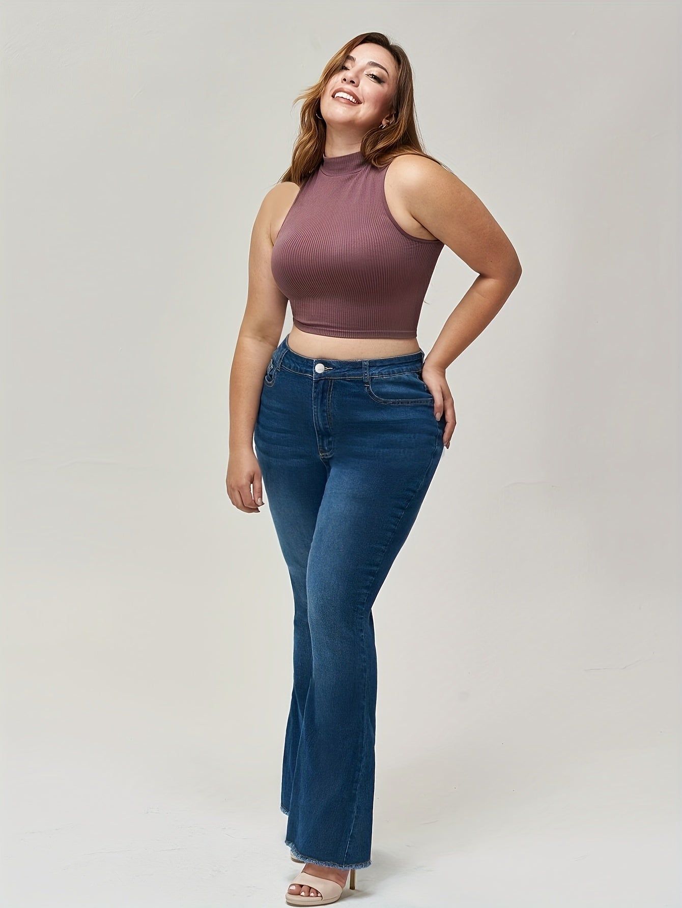 High Rise Fringe Trim Flared Leg Jeans