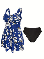 Tankini Set Women's Floral Print V Neck Dress & Panty Swimsuit
