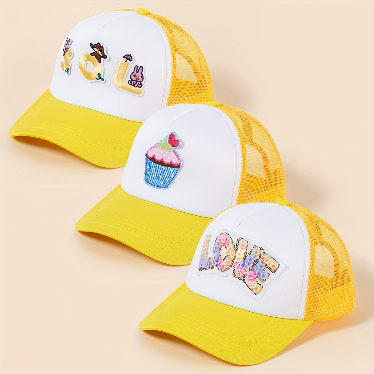 Cartoon Patch Trucker Hat Rabbit Bear LOVE Ice Cream Decor Yellow Baseball Cap