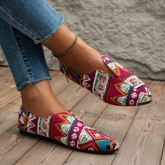 Women's Tribal Flat Shoes Pointed Toe Slip-On Canvas Casual Lightweight Flats