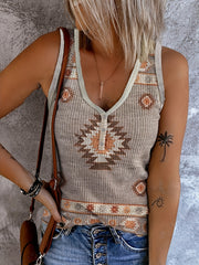 Geo Pattern Ribbed Tank Top V Neck Casual Sleeveless Top