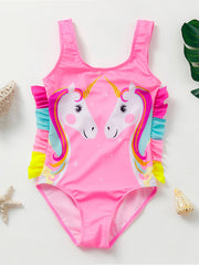 Girls Pink Unicorn One Piece Swimsuit Ruffles Patchwork Beach Bathing Suit