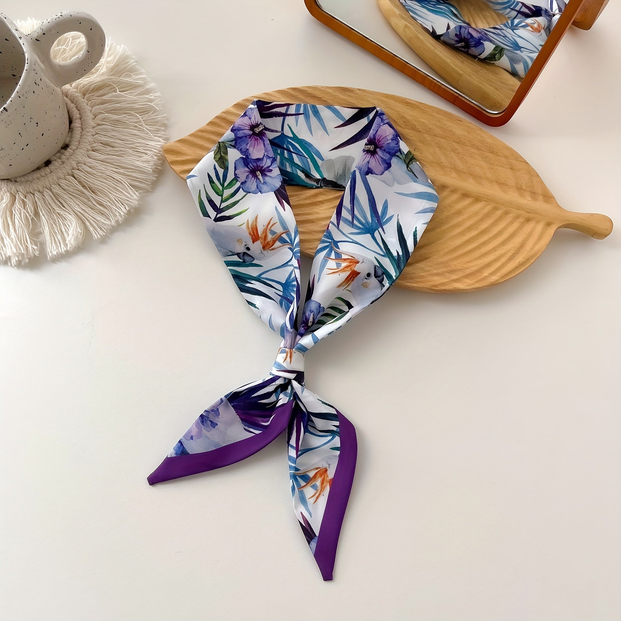 Purple Leaf Print Neckerchief Classic Hair Ribbon Twilly Scarf