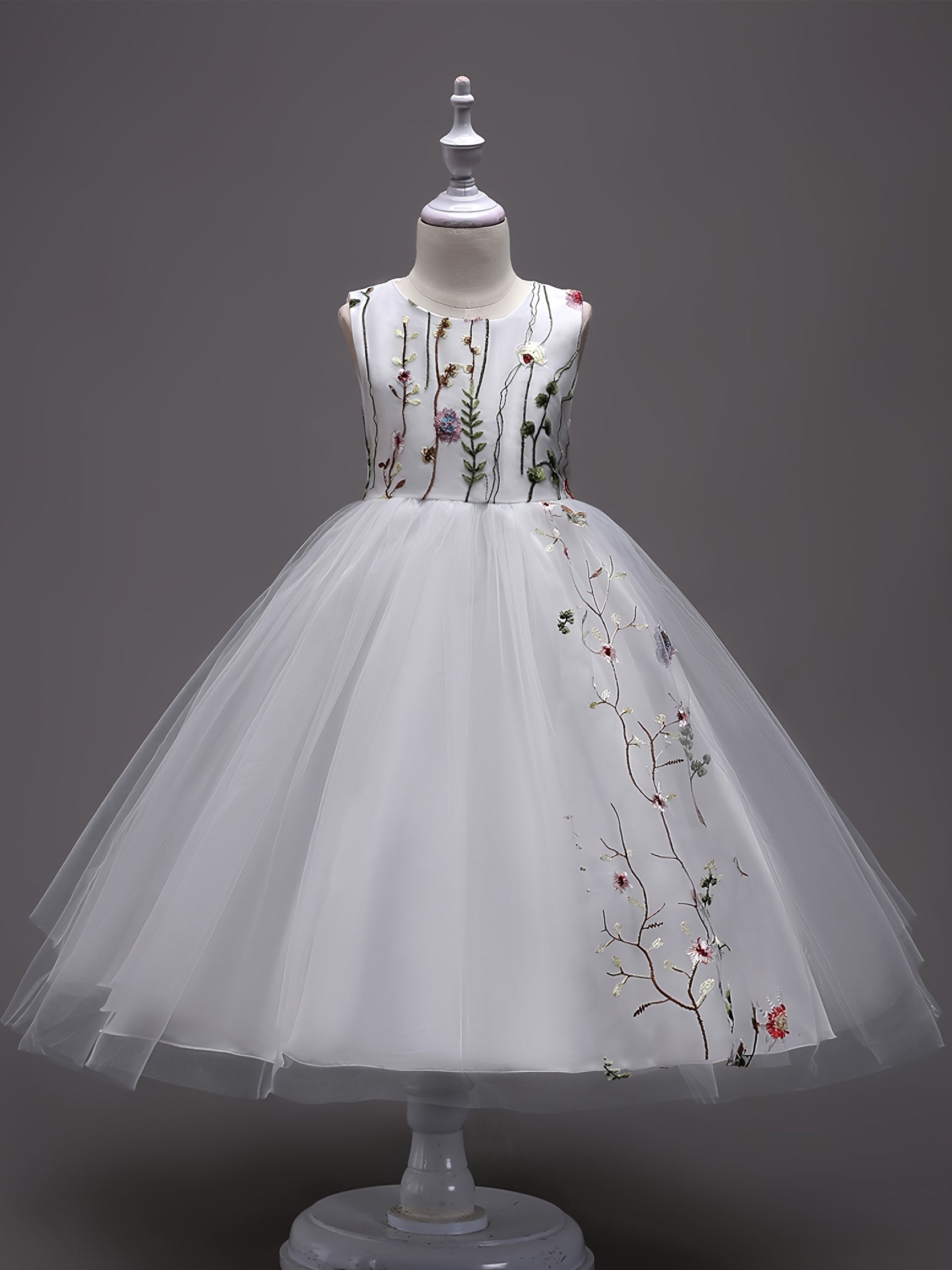 Girls Sleeveless Puffy Princess Dress Flowers Embroidery Tulle Tutu Dress