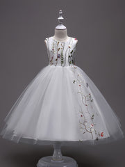 Girls Sleeveless Puffy Princess Dress Flowers Embroidery Tulle Tutu Dress
