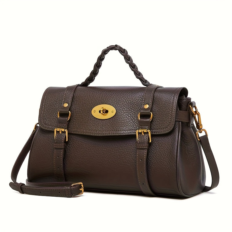 Cowhide Leather Handbag w/ Adjustable Strap & Buckle Closure Khaki C