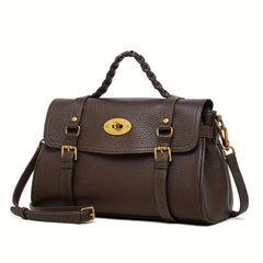 Cowhide Leather Handbag w/ Adjustable Strap & Buckle Closure Khaki C