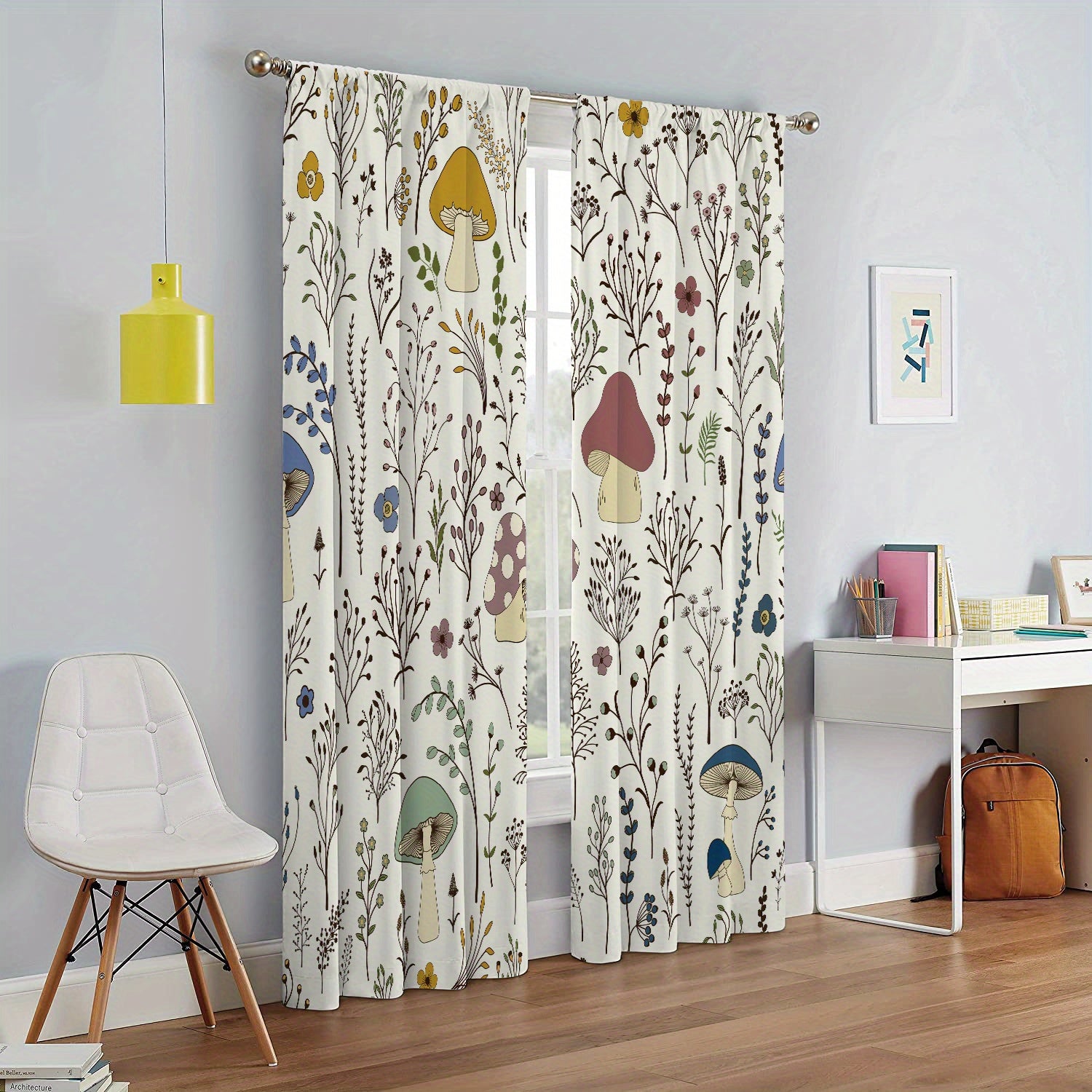 2pcs Mushroom Flowers Printed Window Curtains for Kids Bedroom
