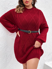 Solid Lantern Sleeve Round Neck Midi Sweater Dress Plus Size