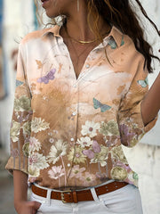 Floral & Butterfly Print Long Sleeve Blouse