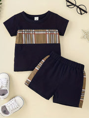 2pcs Baby Boys Plaid T shirt & Shorts Set