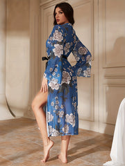Floral Mesh Night Robe V Neck With Belt