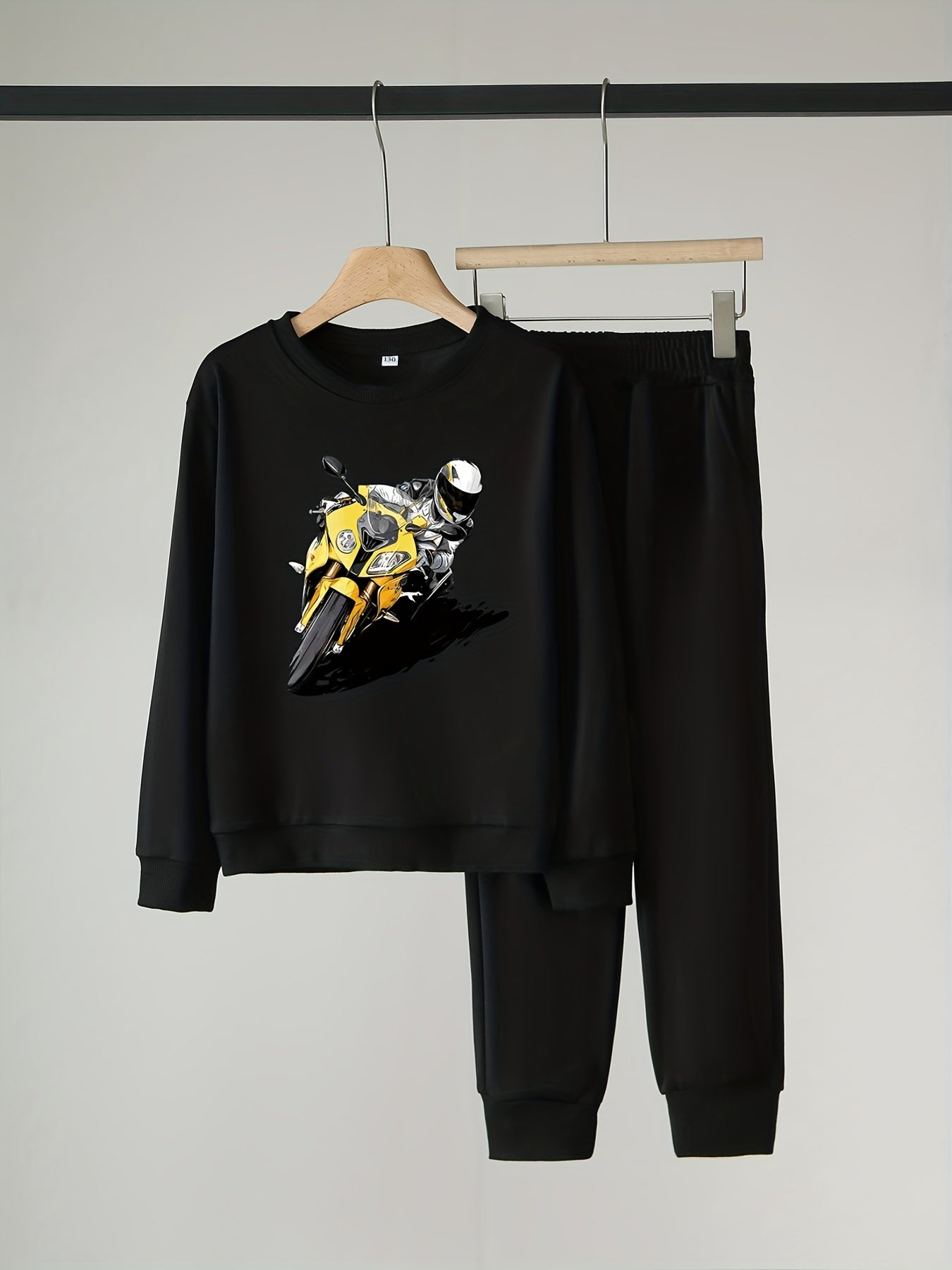 Boy's 2pcs Sweatshirt & Sweatpants Set Cartoon Motorcycle Boy Print