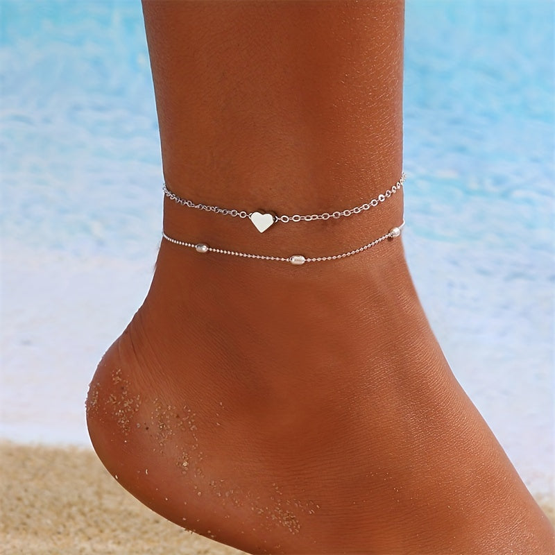 Love Heart Chain Anklet Double Layers Bracelet Women Girls