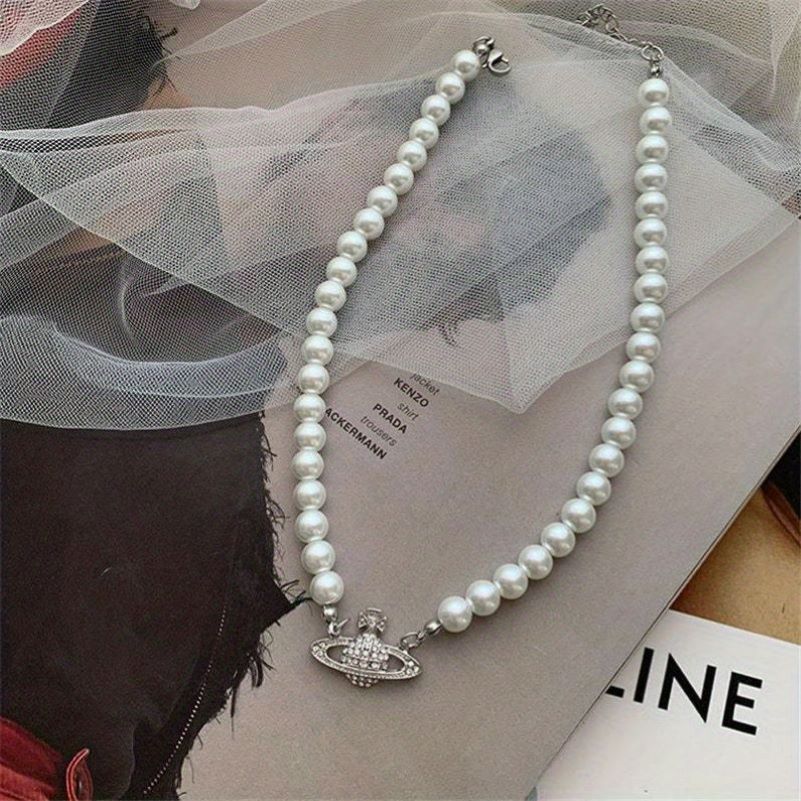 Pearl Necklace Rhinestone Planet Pendant Chain Mother's Holiday Birthday
