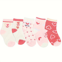 5 Pairs Girl's Cartoon Love Heart Knitted Crew Socks