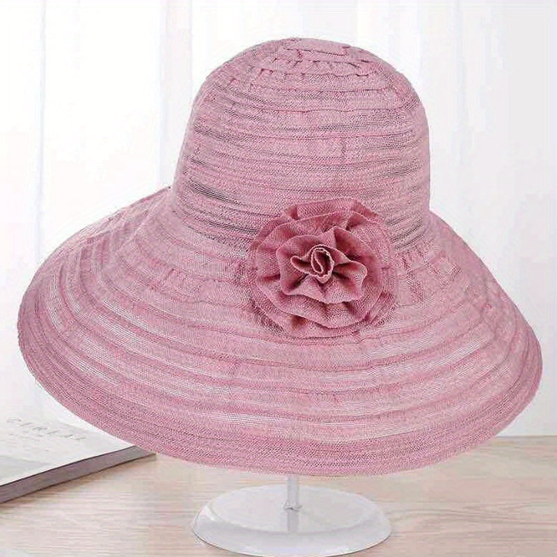 Wide Brim Floppy Sun Hat Flower Decor Striped Crinkle Bucket Hat