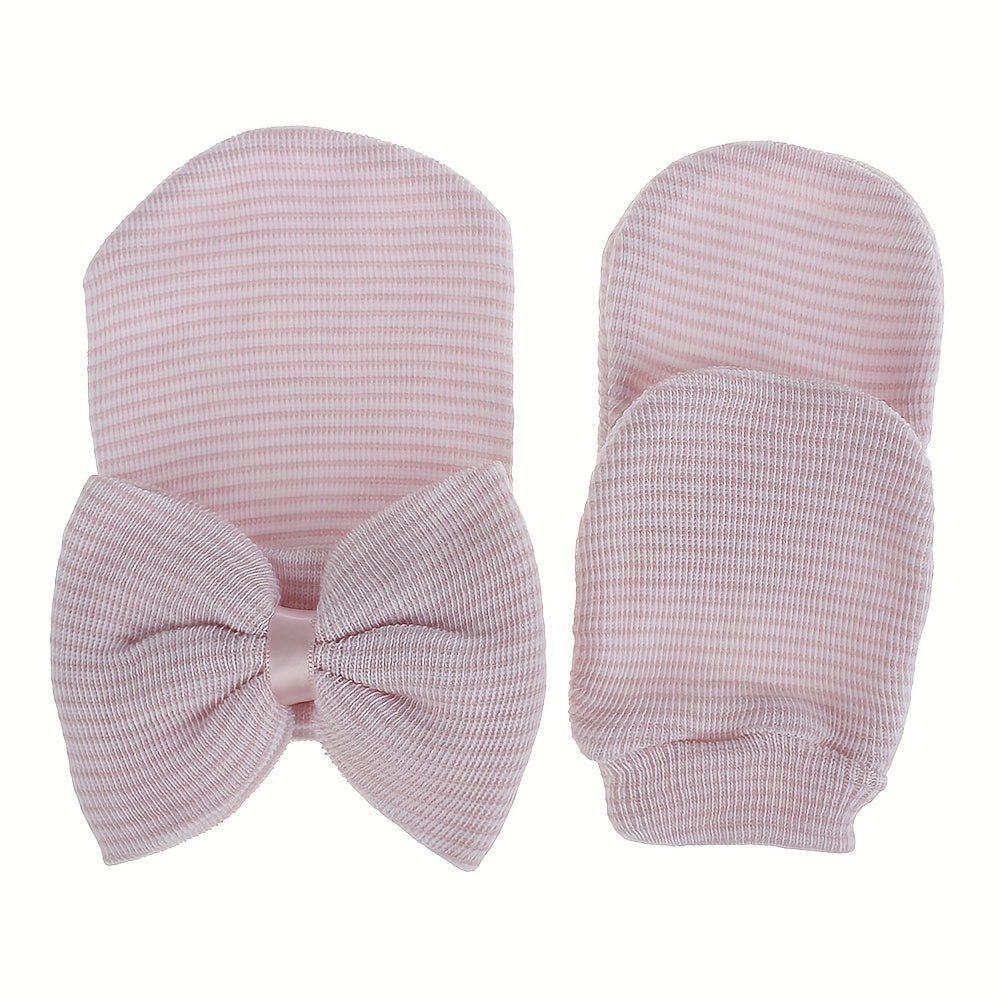 Big Bow Soft Gloves & Hat Set With Baby Pullover Hat