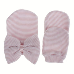 Big Bow Soft Gloves & Hat Set With Baby Pullover Hat