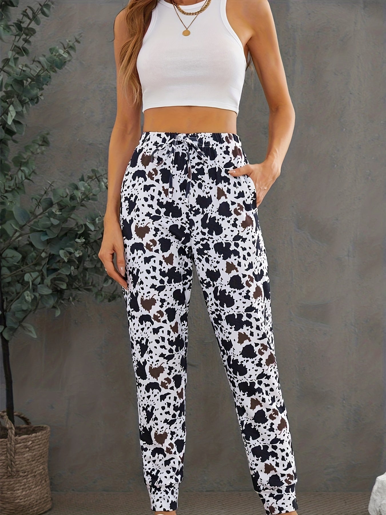 Cow Print Elastic Waist Jogger Pants Women's Activewear