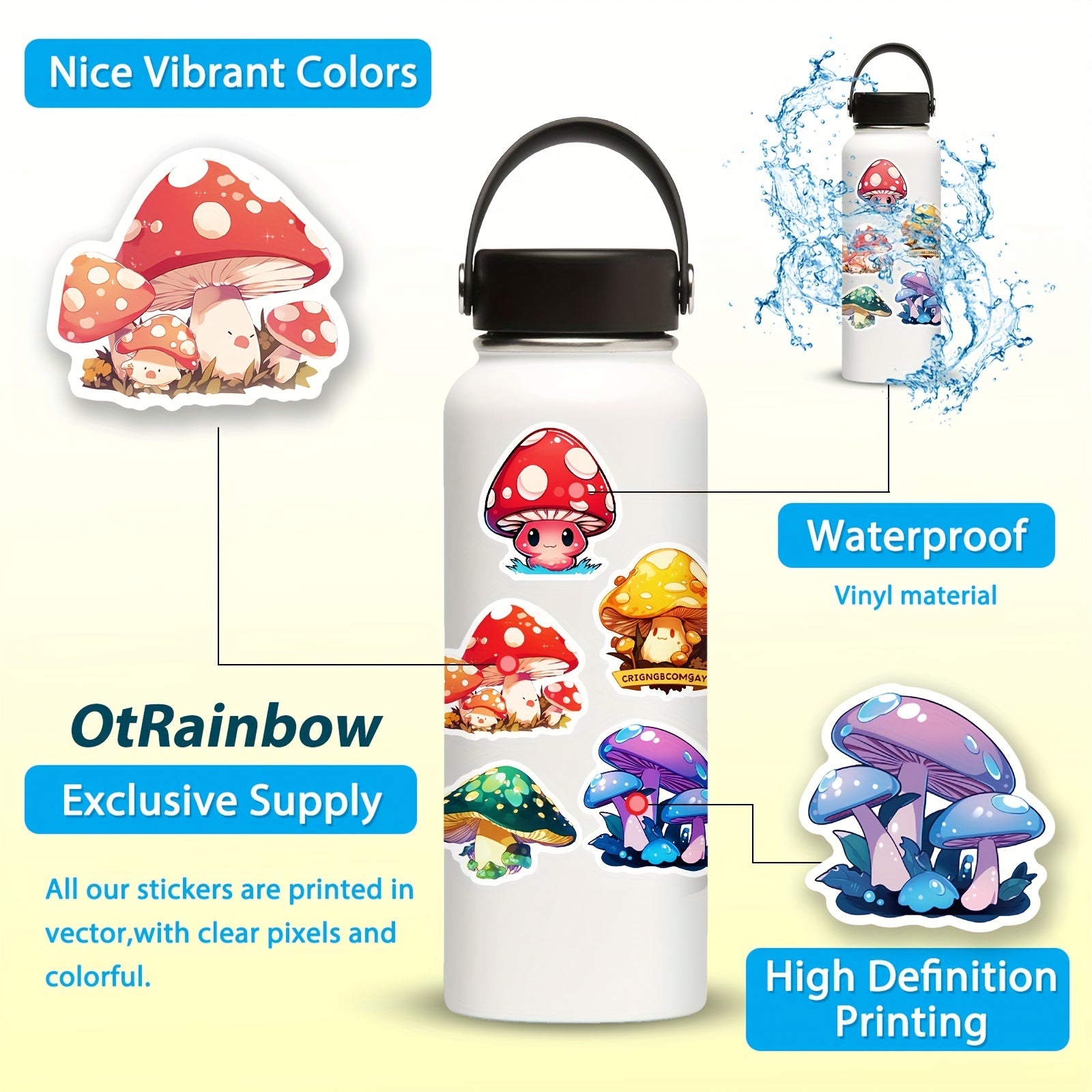 50pcs Cartoon Mushroom Stickers for Water Cups Laptops Phones