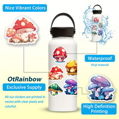 50pcs Cartoon Mushroom Stickers for Water Cups Laptops Phones