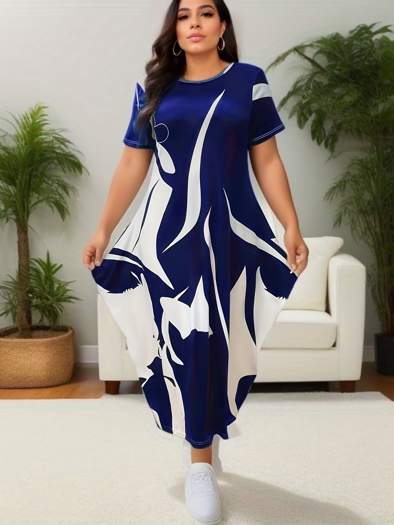 Abstract Print Short Sleeve Round Neck Baggy Dress