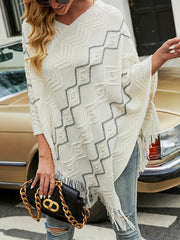 Argyle Print Tassel Cape Sweater V Neck Casual Versatile Sweater