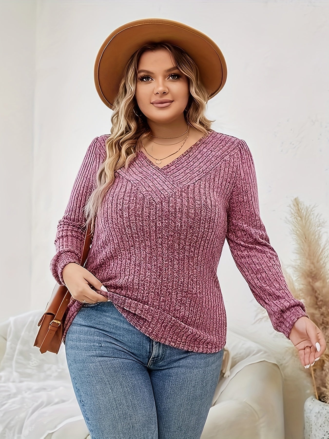 Solid Ribbed Knit Long Sleeve V Neck Top