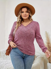 Solid Ribbed Knit Long Sleeve V Neck Top