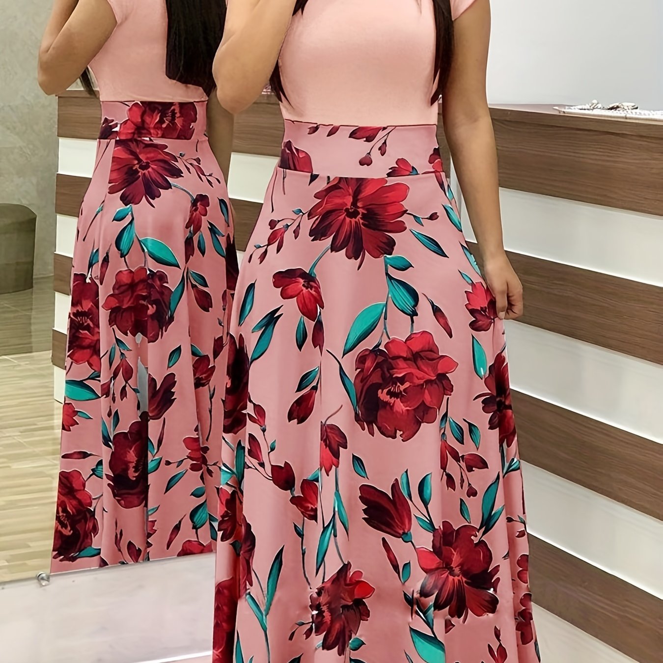 Floral Print Maxi Dress Short Sleeve Crew Neck