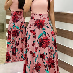 Floral Print Maxi Dress Short Sleeve Crew Neck