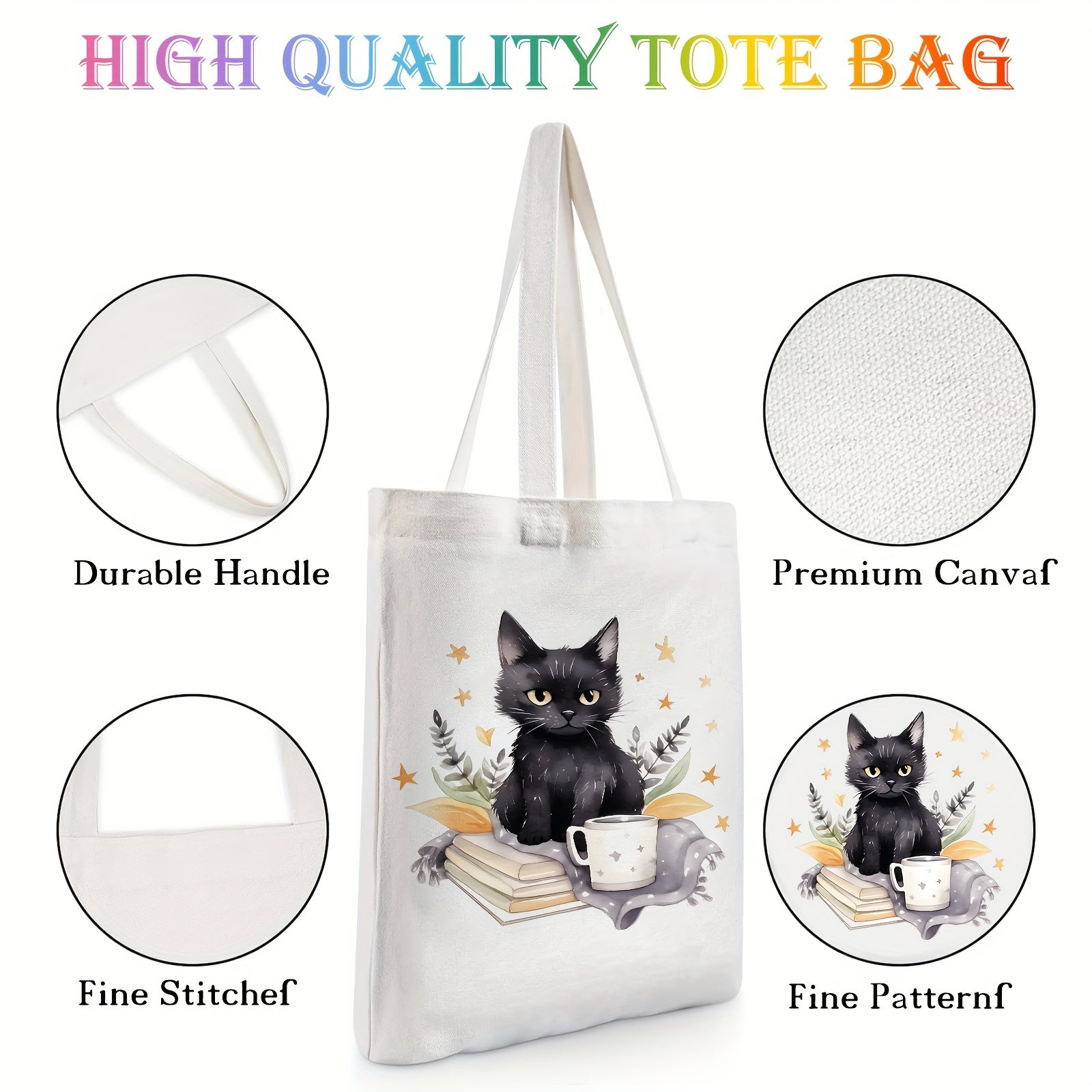 Cat Reading Pattern Canvas Tote Bag Women's Portable Anime Shoulder Bag