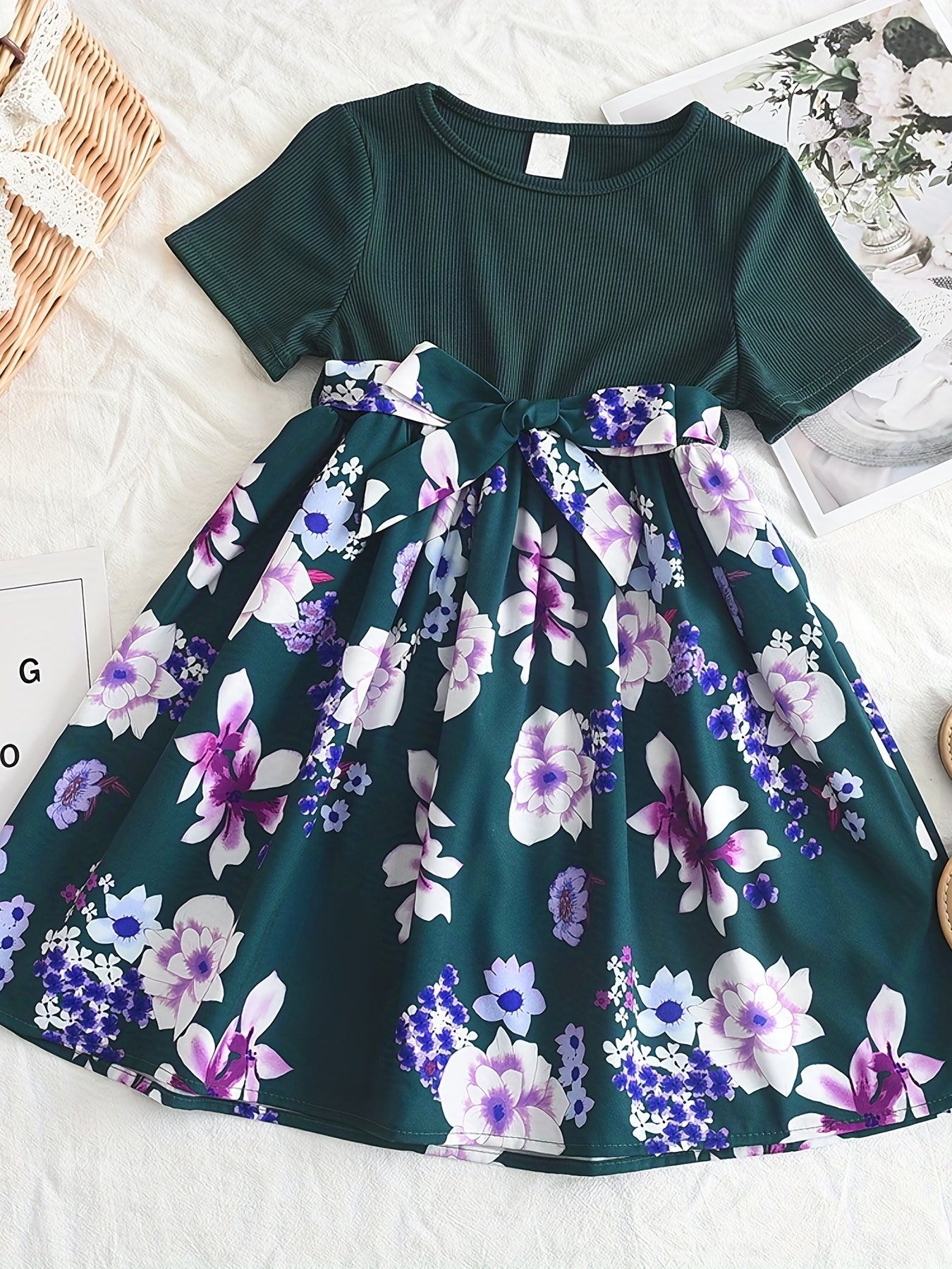 Floral Print Belted Dress Short Sleeve Round Neck A Line Flared Dresses