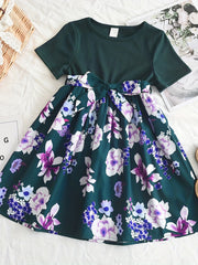 Floral Print Belted Dress Short Sleeve Round Neck A Line Flared Dresses